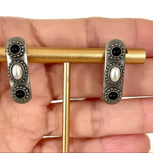 Silver tone Pearl and black post earrings thumbnail 3