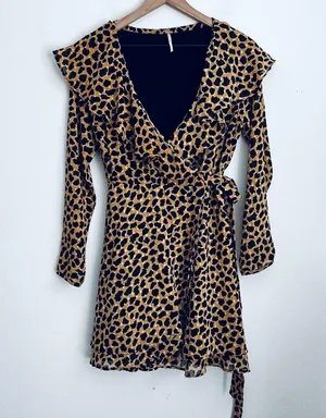 Frenchie Animal Leopard Print Wrap Dress Long sleeve boho S thumbnail 4
