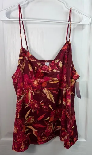 NEW Stars Above maroon floral adjustable satin v-neck lightweight pajama tank‎ L thumbnail 1