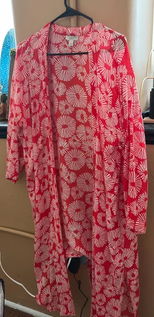 Ann Taylor Loft Long Sheer Red White Kimono M/L thumbnail 1
