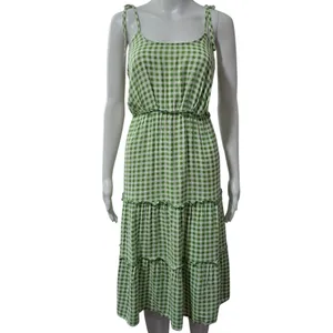 AS U Wish Gingham Smocked Tiered Midi Dress Green White Tie Shoulder Size L thumbnail 2