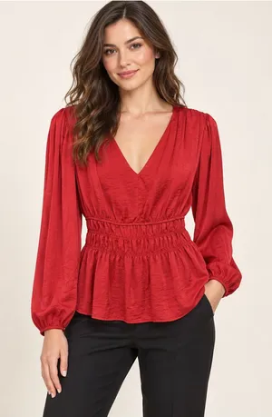 Anthropologie Dolan Red Satin V-Neck Smocked Waist Peplum Blouse Large thumbnail 1