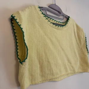 Idem Ditto M/L Cropped Knit Sweater Tank Top Yellow Green Scalloped Oversized‎ thumbnail 2