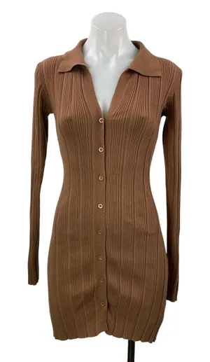 Isalis Women's Brown Long Sleeves Ribbed Button Front Bodycon Mini Dress Size S thumbnail 1