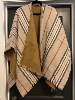 V. Fraas Cream Plaid Fringe Trim Shrug Poncho Sweater thumbnail 2