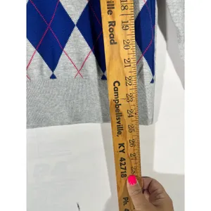 Tommy Hilfiger Argyle V-Neck Sweater Women L Grey Blue 100% Pima Cotton Golf‎ thumbnail 4