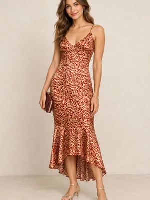 NWOT PrettyLittleThing Red Gold Leopard Satin High-Low Mermaid Maxi Dress US 6 thumbnail 9