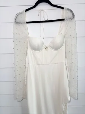 Oh Polly Ivory Pearl Beaded Sleeve Maxi Dress High Slit Formal Gown Size 4 thumbnail 6