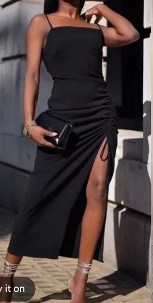 New Material Girl Midi Dress L Caviar Black Ruched Side Slit Cocktail Prom Edgy thumbnail 1