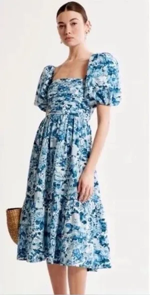 Abercrombie & Fitch Emerson Blue Floral Midi Dress blue floral size medium thumbnail 1