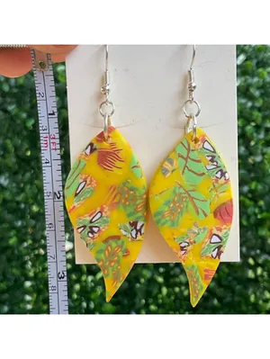 Handmade Polymer Clay Earrings Yellow Tropical Leaf Dangle Statement Jewelry thumbnail 3