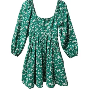 Anthropologie Puff Sleeve Button Front‎ Ruched Green Floral Mini Dress Small thumbnail 3