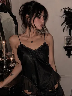 Black Satin Lace-Trim Camisole Slip with Sheer Ruffle Hem thumbnail 1