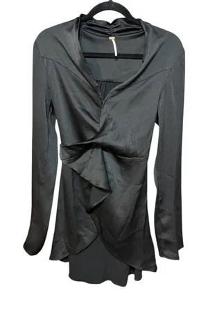 Free People Black Long Sleeve Wrap‎ Ruffle Hem Mini Dress Belted Sz M thumbnail 1