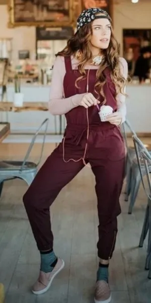 Albion Classic Overall Jumpsuit Burgundy Wine Adjustable Strap Jogger Tall thumbnail 1