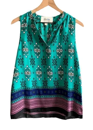 Alice Blue for Stitch Fix Teal Diamond Boho Sleeveless Blouse V-Neck Medium thumbnail 1