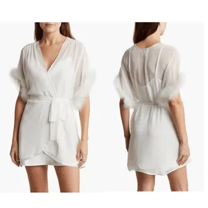 In‎ Bloom by Jonquil Faux Fur Trim Chiffon Robe Wrap, White, Medium/Large NWT thumbnail 2