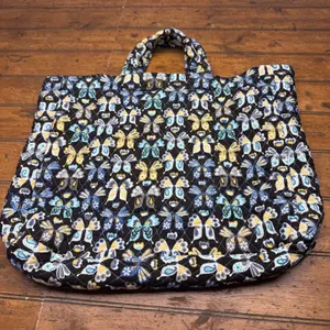 Quilted Butterfly Print Tote Bag Black‎ Blue Yellow Floral Interior Lace Trim thumbnail 1