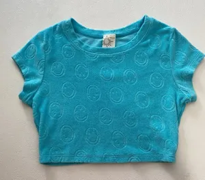 Offline by Aerie Blue Terry Crop Top | Smiley Embossed Short Sleeve Tee XS thumbnail 1