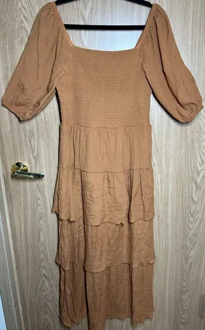 J Gee Women’s Size PL Terracotta Peasant Boho Tiered Puff Sleeves Smocked Dress thumbnail 1