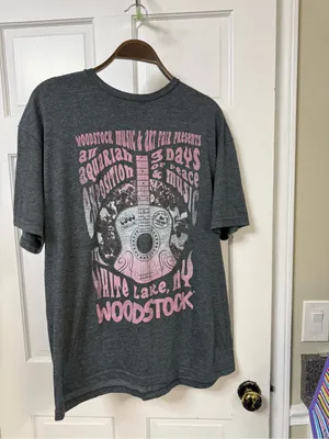 Vintage Woodstock Guitar Graphic Tee - Charcoal with Pink Print thumbnail 2