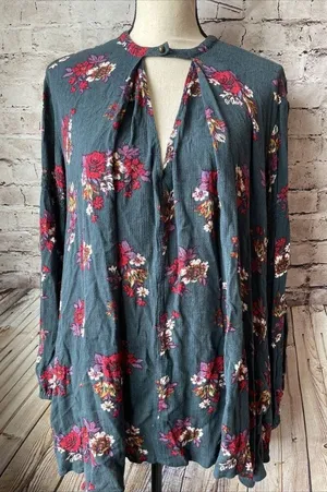 Free People Womens Shirt XS Green Floral Relaxed‎ Tunic Long Sleeve Blouse thumbnail 1