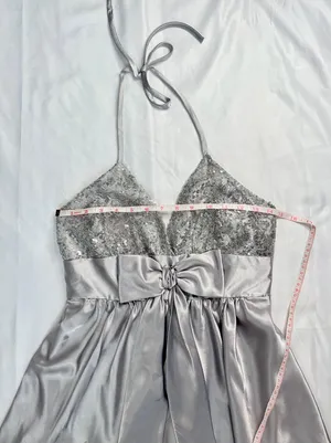 Fiesta Fashion Sparkly Glitter Silver Metallic Deep V Halter Mini Homecoming Dress - S thumbnail 14