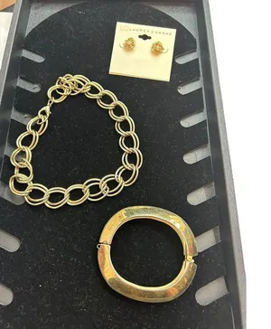 Gold toned jewelry set of 3 - lauren Conrad earrings, double ring link chain nec thumbnail 1