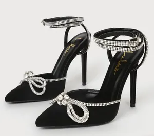 NWOT Lulus Lullie Black Rhinestone Bow Ankle Wrap Stiletto Heels Pumps Glam, 8 thumbnail 1