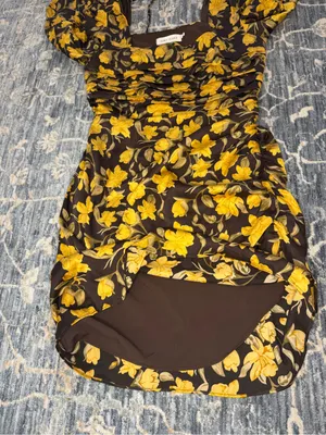 NWOT Floret Studios Brown and Yellow Floral Shirred Long Sleeve Mini Dress Sz L thumbnail 8