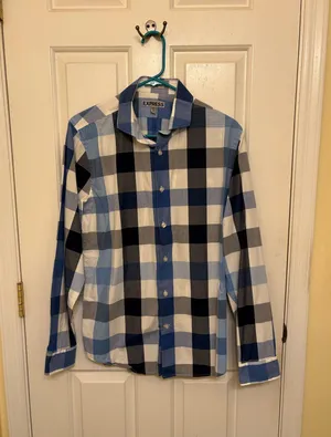 Express Men's Business Blue & White Checkered Plaid Button Down Dress Shirt thumbnail 1