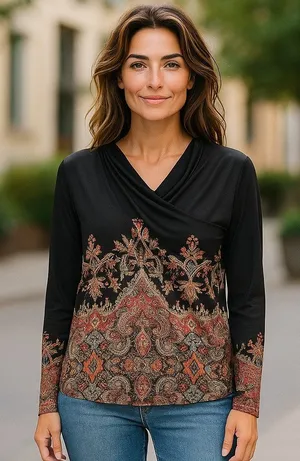 Made with Love Black Red Brown Green Paisley Knit‎ Top Crossover V Neck S thumbnail 1