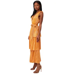 Sabina Musayev Alma Midi Dress in Mandarin Orange Pleated Tiered Small Like New thumbnail 3