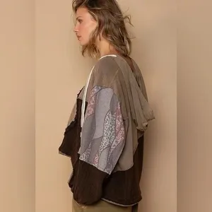 POL Peace Symbol Patchwork Brown Oversized Hoodie Sweatshirt Womens S thumbnail 3