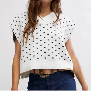 Free People Easy Street Heart Pattern V Neck Cropped Knit Sweater Vest White M thumbnail 1