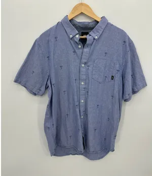 Vans Mens Large Blue Palm Tree Embroidered Short Sleeve Button Down Shirt Vaca thumbnail 1