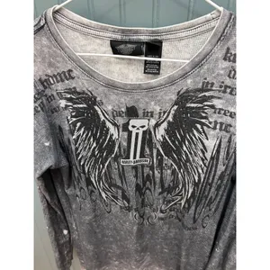 Harley Davidson Skull Wings Gray Acid Wash‎ Long Sleeve Top Womens L Biker thumbnail 2