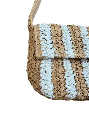 Anthropologie Woven Straw Striped Shoulder Bag Coastal White Tan Small thumbnail 5