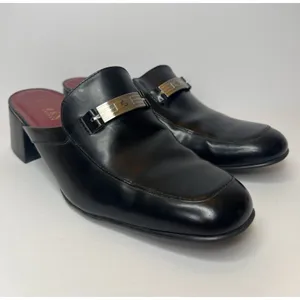 Vintage Lauren Ralph Lauren Black Leather Mule Loafers Heels 8.5B Brazil RLL thumbnail 2