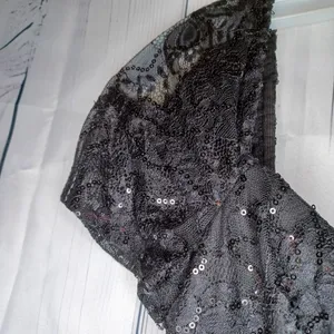 David's Bridal Short Sleeve Illusion Lace Tiered Ruffle Black Homecoming Dress thumbnail 5