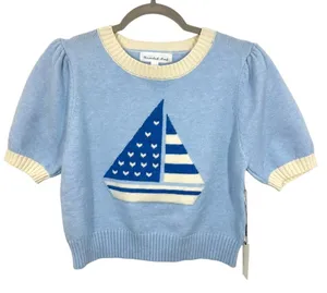 Threaded Leaf Women's Cropped Knit Sweater Blue Sailboat Puff Sleeve Sweater NWT thumbnail 1
