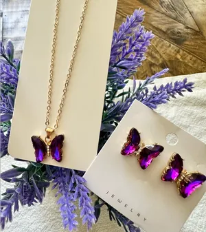 Butterfly earrings & Pendent set (Purple) Purple thumbnail 1