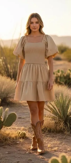 NWT! ENDLESS ROSE Mix Media Mini Dress Latte Brown Puff Sleeves Corset Bodice XS thumbnail 1