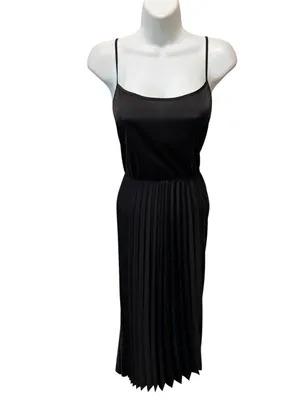 Rachel Zoe Pleated Satin Maxi Slip Dress Black L Scoop Neck Summer Goth Witchy thumbnail 2
