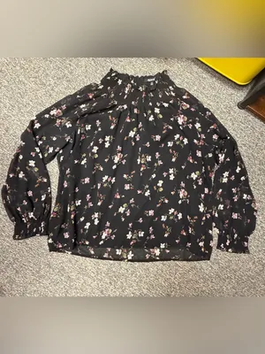 Madewell XL Black Floral Smocked Mock Neck Long Sleeve Blouse Romantic thumbnail 6