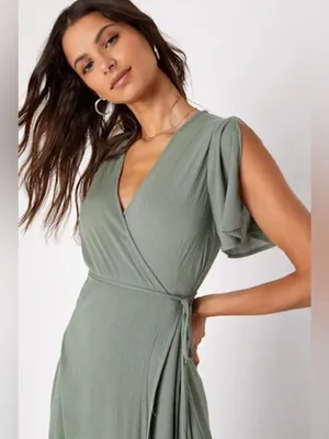 Lulus Much Obliged Washed Olive Green Wrap Maxi Dress thumbnail 4