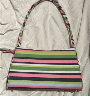 Source Unknown STRIPED MULTICOLORED SHOULDER BAG PINK GREEN BLUE CANVAS LIKE BAG THIN HANDLES thumbnail 1