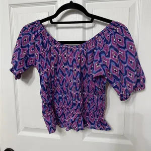 NWT Banjanan‎ Halo Cotton Top Blouse Abstract Print Smocked Puff Sleeve Purple M thumbnail 6