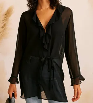 Vintage Victoria’s Secret Sheer Ruffle Front Long Sleeve Top Women’s M thumbnail 1