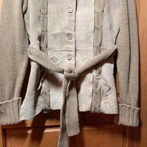 California vintage VTG 70s Women's Suede Leather Belt Knit Cardigan Sweater Jacket Beige Size Small thumbnail 4